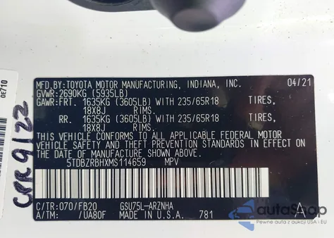 2021 Toyota Highlander Le from USA, damaged, VIN 5TDBZRBHXMS114659